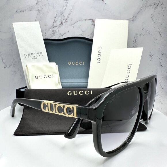 New GUCCI Sunglasses Black Acetate Pilot Aviator 58mm Navigator Gold Metal Logo